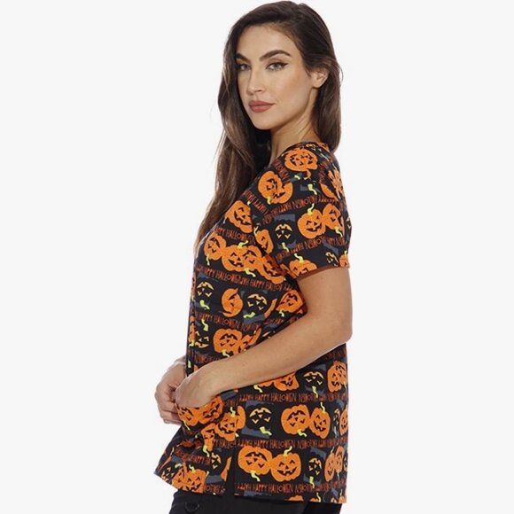 Halloween Pumpkin Scrub Top Orange Black Size Large Just Love Tee V-Neck Top L - Picture 2 of 10
